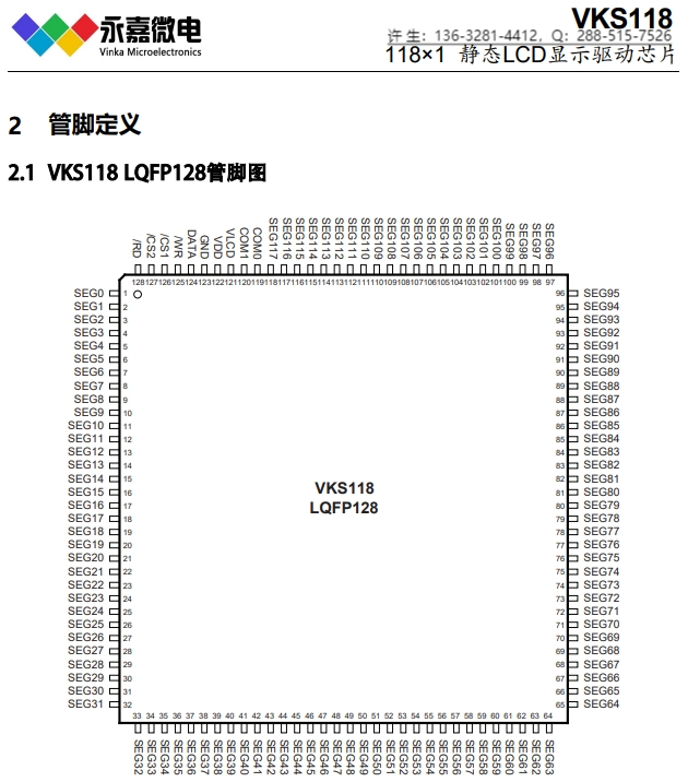 段码LCD液晶驱动IC-VKS118/LQFP128最大118SEGx1COM对比度好不闪烁，液晶驱